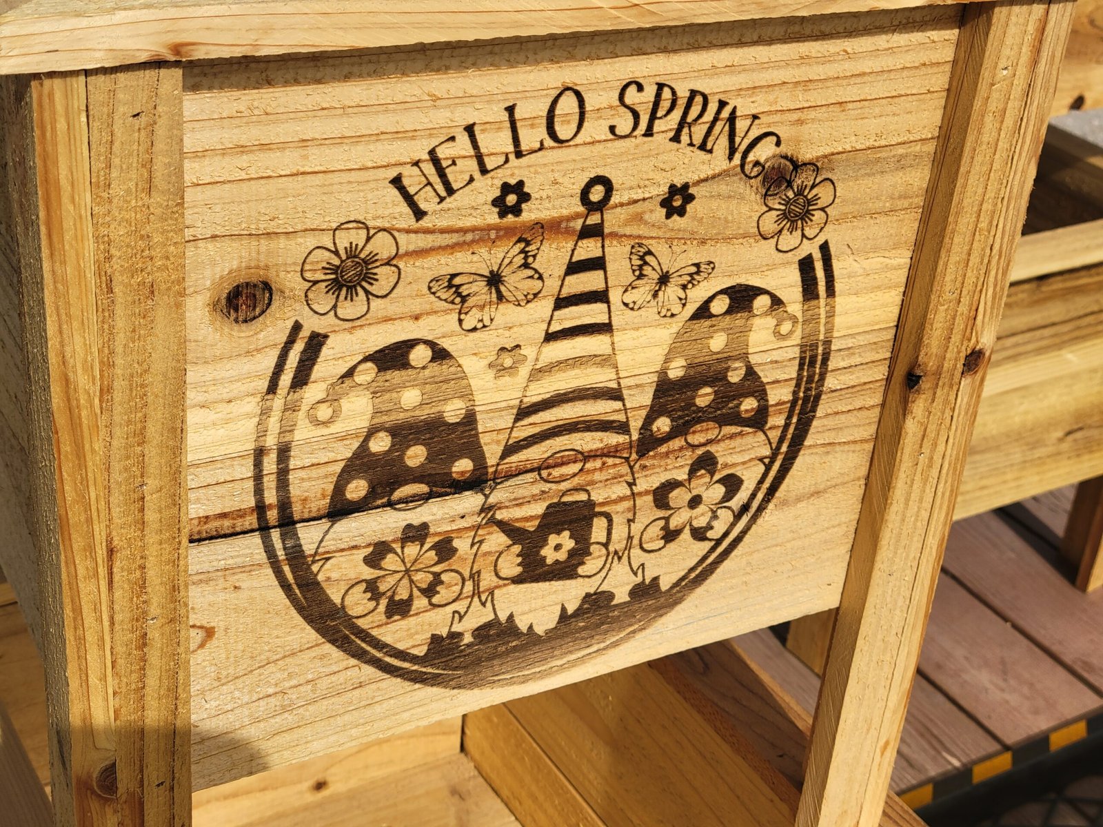 Hello Spring wood-burned handmade planter by Crafted Casks